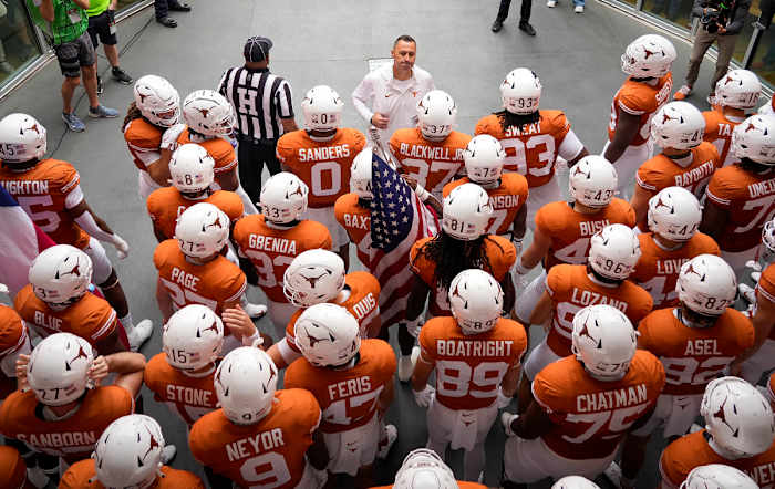 Nov 4, 2023; Austin, Texas, USA; Texas Longhorns head coach Steve Sarkisian brings his team to the field before a game against the Kansas State Wildcats at Darrell K Royal-Texas Memorial Stadium. Mandatory Credit: Ricardo B. Brazziell-USA TODAY Sports
